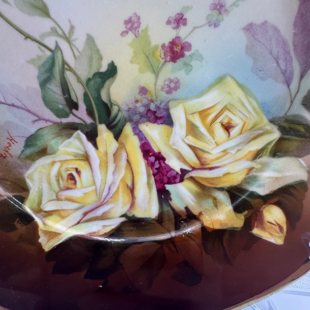 J&C Louise Bavaria Antique Porcelain Cake Plate Yellow Roses Gold Gilt Signed